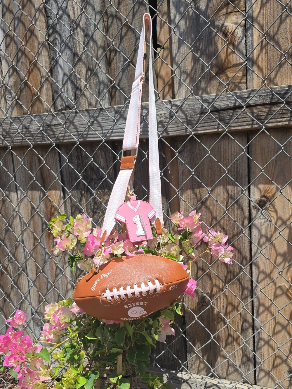 Betsey Johnson Pink and Brown Football Crossbody Bag with Jersey Charm